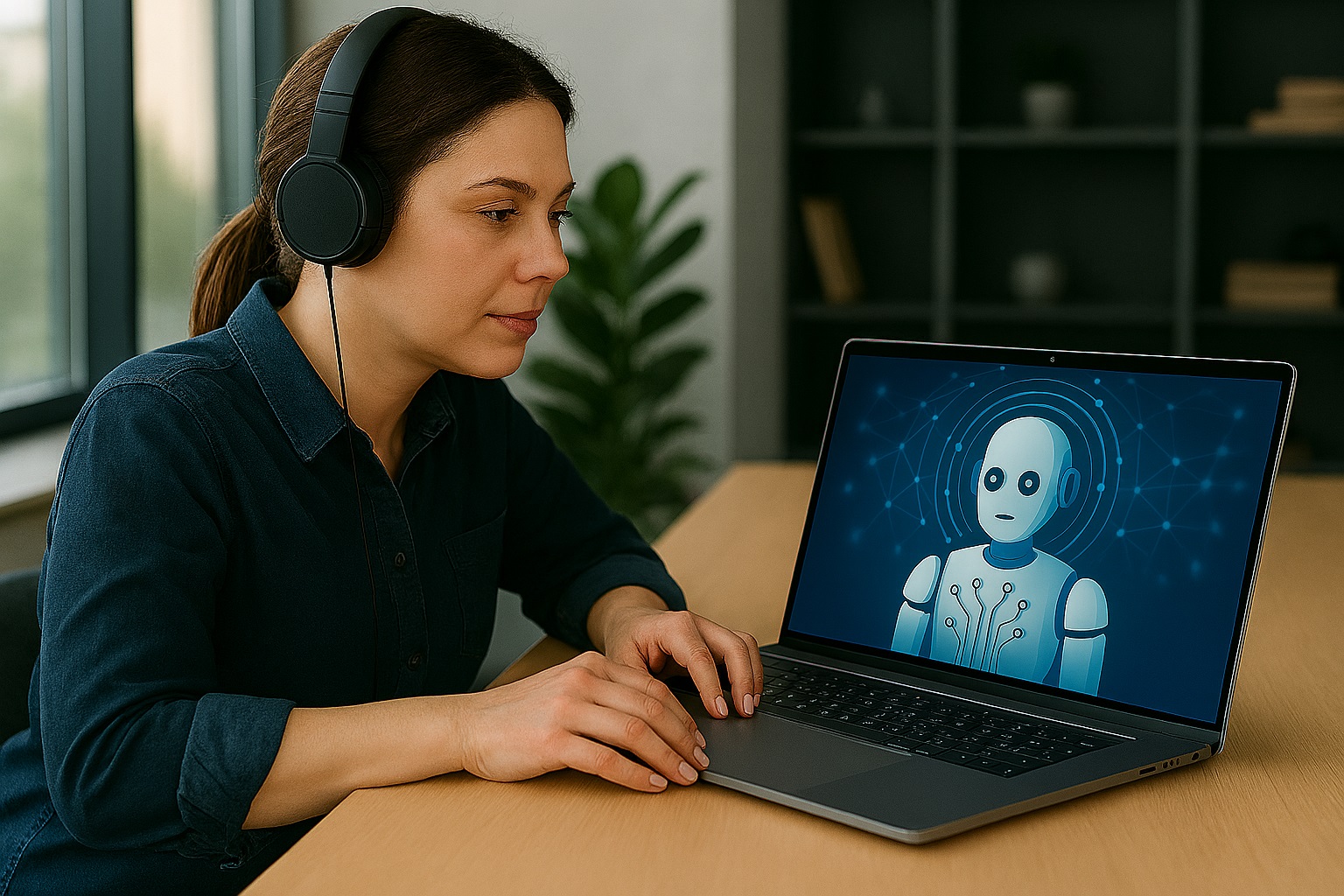 Consultant working with an AI image as a humaniod robot on a computer