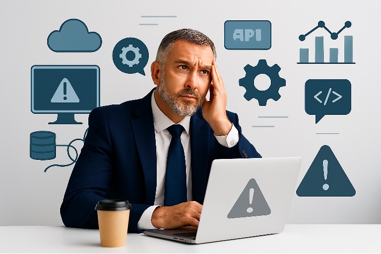 CEO at computer looking for solutions 